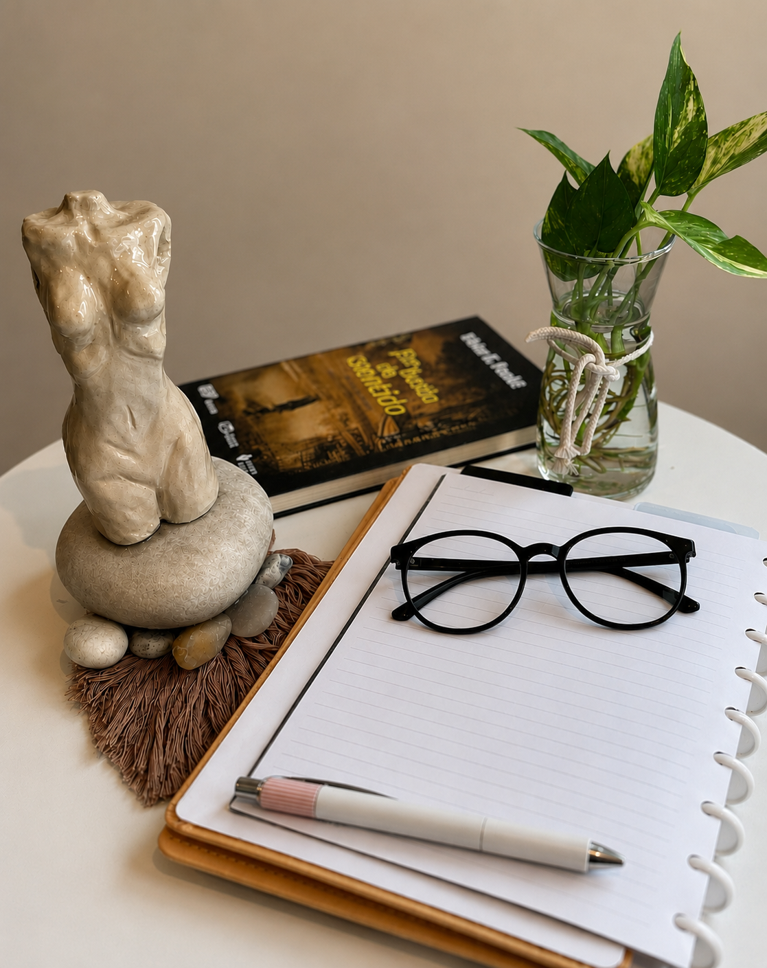 Escultura de torso feminino ao lado de caderno aberto, óculos e planta